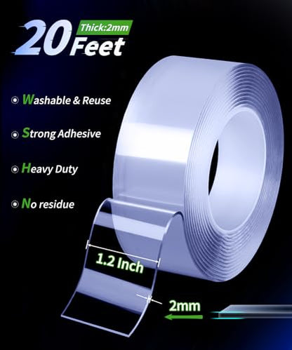 PHIXBEAR Large Double Sided Tape Heavy Duty, Mounting Tape Strong Adhesive, Wall Tape for Hanging Clear Removable No Damage, Fits Decor & Poster, 20Ft 1.2" Wide
