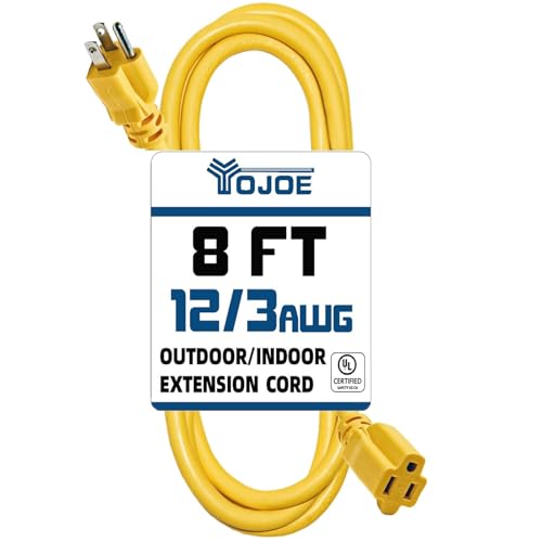 YOJOE Indoor Outdoor Extension Cord, 3 Prong 15A Weatherproof Power Cord, 12 Gauge Heavy Duty 8 ft Yellow Extension Cord for Garage, Garden and Home, 12/3 SJTW UL Listed - color: Yellow, size: 8 Foot, style: 12/3 Standard
