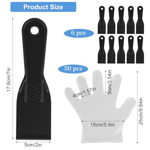6 Pcs Plastic Putty Knife, 7" x 2" Flexible Paint Scraper Tool, Spackle Knives & Paint Scraper, Putty Knives Set for Drywall Repair, Patching, Plastering, Painting, Caulking, with 50 Disposable Gloves
