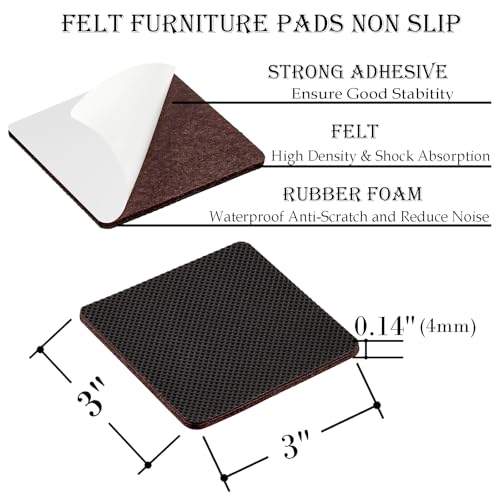 Fursafe&Q Non Slip Furniture Pads - Self Adhesive Rubber Anti Skid Pads Furniture Grippers for Hardwood Floors Rubber Chair Feet Pads Protectors Talbe Legs Anti Slip 16 Pcs 3" Square