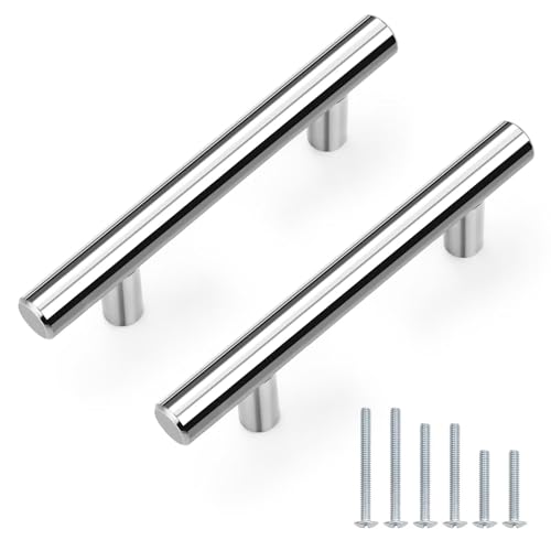 Probrico 5 Pack Hole Centers (76mm) 3inch Polished Chrome Kitchen Cabinet Handles Stainless Steel Polished Chrome Cabinet Pulls Euro Style Pull Handle for Cabinets and Drawers Total Length 5inch - color: Polished Chrome, size: Hole Centers: 3"