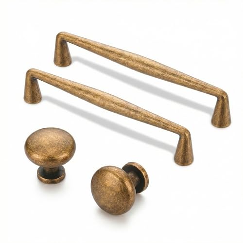 Frienda 20 Pcs Antique Brass Cabinet Bar Pulls 5.5 Inch and Zinc Alloy Cabinet Knobs 1 Inch, Long and Round Pulls Handles Set Retro Hardware for Kitchen, Drawers, Closets, Wardrobes, Cupboards