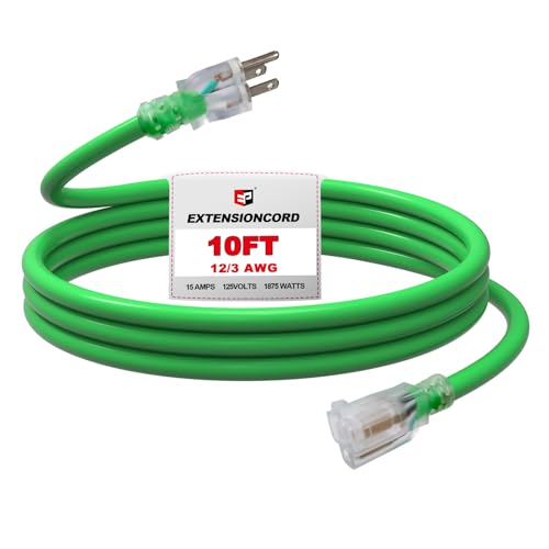 EP 10 Ft Outdoor Extension Cord, 12/3 SJTW Heavy Duty Waterproof Power Cable, 3 Prong Grounded Plug, Lighted End, for Lawn, Garden, Appliances, Green - color: Green, size: 10ft