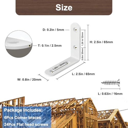 White L Bracket 2.5 Inch Stainless Steel Corner Brace, 6 Pcs 90 Degree Joint Heavy Duty Right Angle Brackets for Wood Shelves, Cabinet, Frame, with Screws - size: L/2.5inch*2.5inch 6Pack