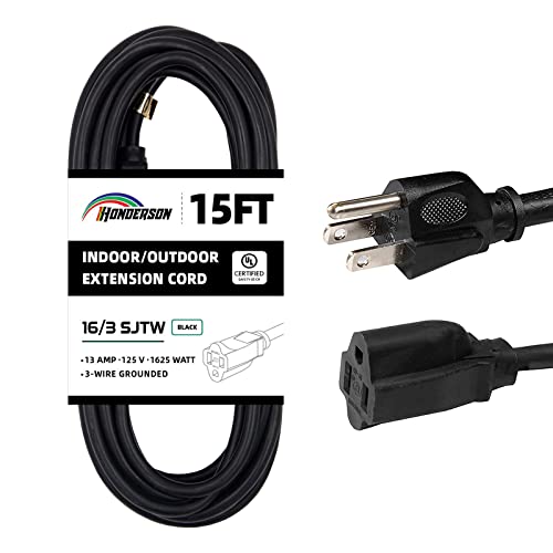 15FT Outdoor Extension Cord-16/3 SJTW Durable Black Extension Cable with 3 Prong Grounded Plug for Safety,Great for Outside Christmas Decorations - color: Black, size: 15FT