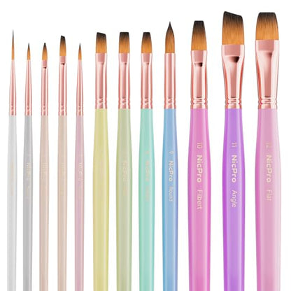 Nicpro 12pcs Artist Paint Brush Set, Aesthetic Pastel Paintbrushes Craft Paint Brushes for Acrylic Painting, Oil, Watercolor, Gouache, Tempera, Face, Body, Art Supplies for Artists and Beginners - color: Macaron