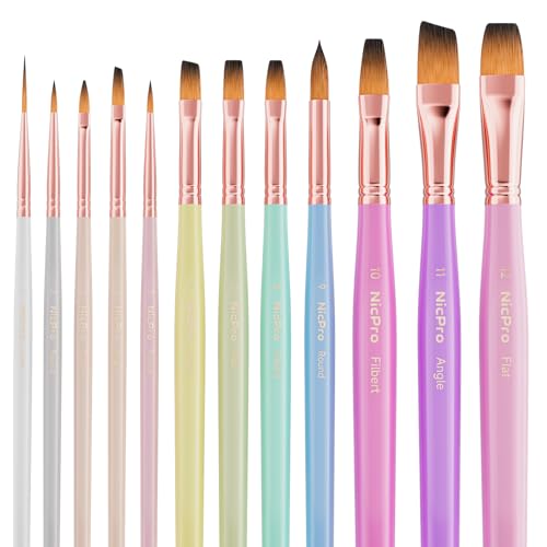 Nicpro 12pcs Artist Paint Brush Set, Aesthetic Pastel Paintbrushes Craft Paint Brushes for Acrylic Painting, Oil, Watercolor, Gouache, Tempera, Face, Body, Art Supplies for Artists and Beginners - color: Macaron