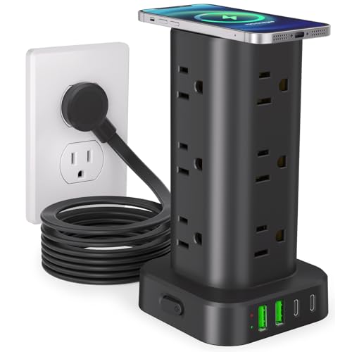 Power Strip Tower with Wireless Charger, Flat Plug Surge Protector Tower with 10FT Extension Cord, 12 AC Multiple Outlets, 4 USB (2 USB C),15W Wireless Charging Power Tower for Home Office Dorm, Black - color: Black, size: 10FT with Wireless Charging