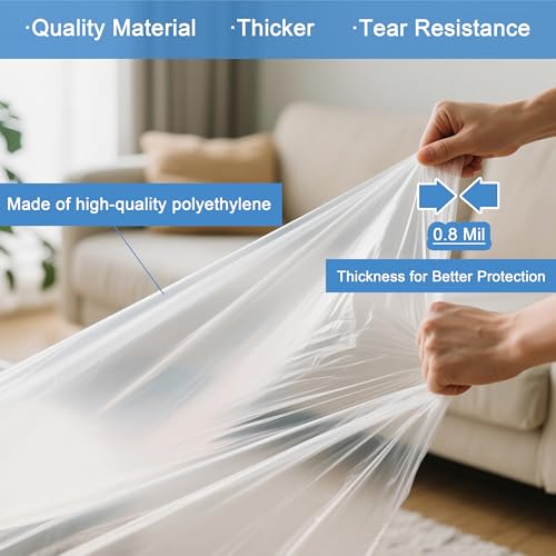 4 Pack Plastic Drop Cloth for Painting, Clear Thick Plastic Sheeting, Large Painters Paint Tarp, Dust Cover for Couch Floor Carpet, Furniture Protectors - Home Renovation Remodeling Cleaning, 8x12 Ft