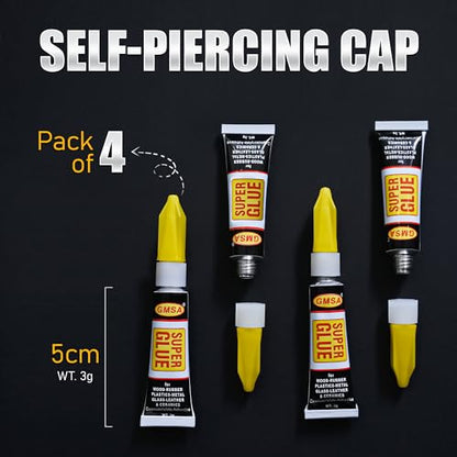 4 Pack Super Glue All Purpose, Fastest & Toughest Adhesive 3g Instant Repair Unbreakable Bond, Strong Superglue Liquid for Hard Plastic, Rubber, Metal, Leather, Ceramics, Wood, DIY Craft