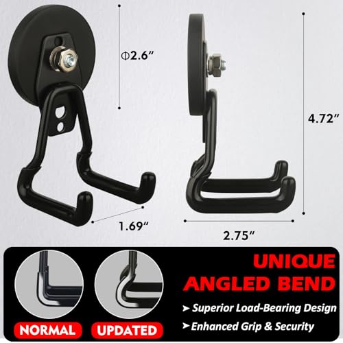 MUTUACTOR Upgraded Strong Magnetic Hooks Heavy Duty,4-Pack Unique Mounting Magnet with Hook,20lbs Durable Storage Magnet Hook for Storing Cordless Impact Drivers Trailer Cord Garage Tools - style: Updated 2.6in Magnet M Black Hooks 4PCS