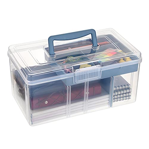 BTSKY 2 Layer Clear Plastic Dividing Storage Box with Removable Tray Multipurpose Stationery Storage Box with Handle Portable Sewing Box Art Craft Supply Organizer Home Utility Box (Big Blue) - color: Big Blue