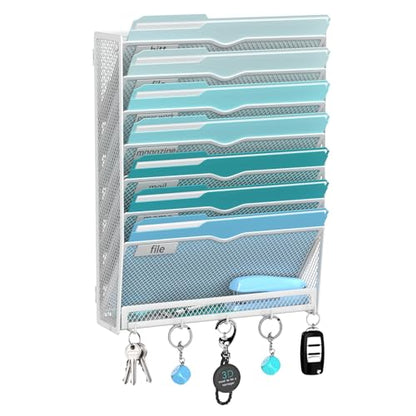 8-Tier Hanging Wall File Organizer with 5 Hooks, Mesh Wall File Holder Vertical Mount Mail Organizer for Papers, Folders, Magazines, Bills, Office and School, White - size: 8 Tier-White
