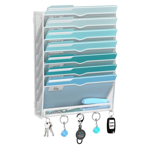 8-Tier Hanging Wall File Organizer with 5 Hooks, Mesh Wall File Holder Vertical Mount Mail Organizer for Papers, Folders, Magazines, Bills, Office and School, White - size: 8 Tier-White