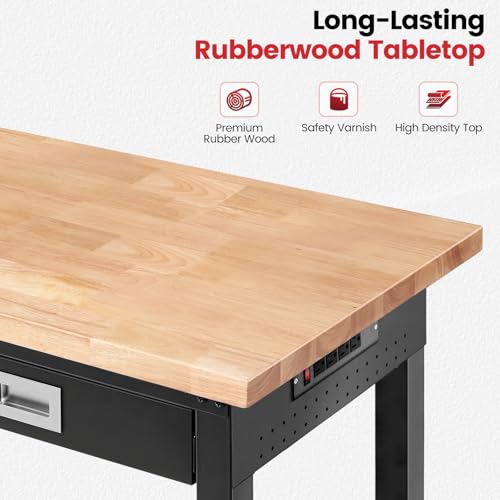 ENJOYWOOD 48" x 24" Heavy Duty Workbench Adjustable Height Garage Work Table with Solid Rubberwood Top, Drawer & Power Outlets for Workshop, Home & Office - size: X-Small