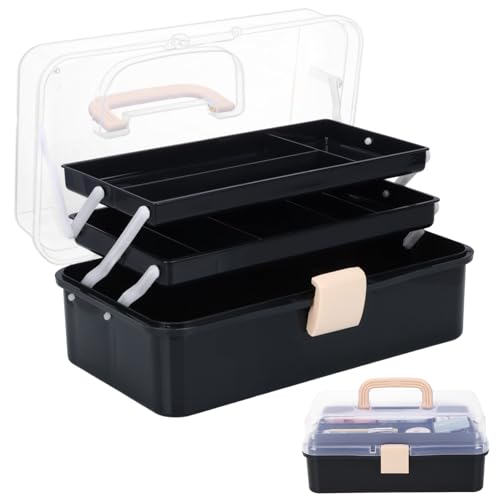 Craft Organizers, Tackle Box 3-Layer Portable Folding Toolbox, Plastic Tool Box with Handle for Sewing Supplies, Medicine, Art Supplies, Nails and Hair Accessories 12.5inch Black - color: Black