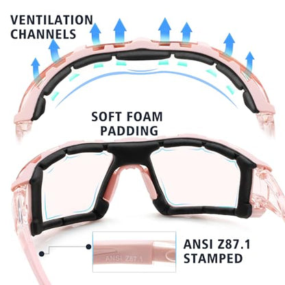 UKNOW Safety Glasses - Anti Fog Wraparound Lenses - Removable Foam Gasket - ANSI Z87.1 Protective Eyewear - Impact Resistant - color: Melon Pink With Light Tint