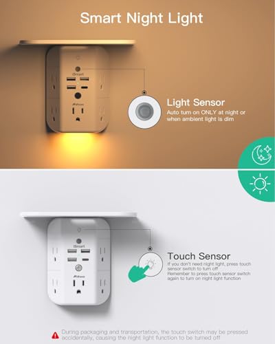 Wall Outlet Extender with Shelf and Night Light, Surge Protector, Wall Mount Charger Multi Plug Expander with 5 AC Outlets and 3 USB A Ports 1 USB C, Wide Space 3-Sided Power Strip Multi Plug Outlets - size: 1c3a