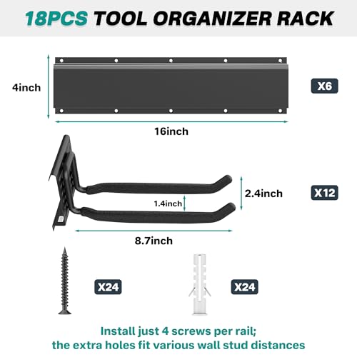 EVERHANGER Garage Tool Storage Organizer, Wall Mount Garden Tool Rack Organization, Heavy Duty Folding Chair Hangers with 12 Adjustable Hooks, Max Load 900lb, 96inch - size: 12hooks