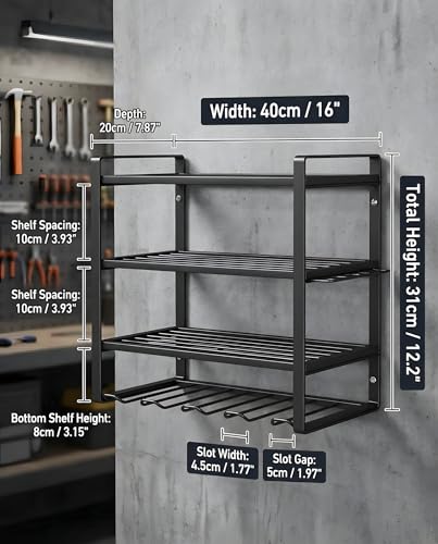 Wall Mount Tool Organizer, 3-Layer Heavy Duty Metal Rack for 4 Drills, with Screwdriver and Hammer Holder, 150 Lbs Capacity, Garage and Workshop Storage (trumpet, 4-4)