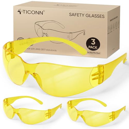 TICONN Clear Safety Glasses for Men and Women, Safety Goggles with Scratch Impact Resistant Meets ANSI Z87.1 Standard - style: 3 Pairs Yellow