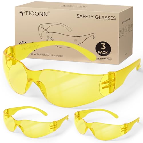 TICONN Clear Safety Glasses for Men and Women, Safety Goggles with Scratch Impact Resistant Meets ANSI Z87.1 Standard - style: 3 Pairs Yellow