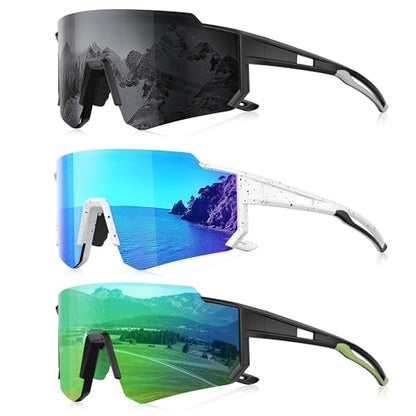3 Pack Polarized Sunglasses for Men Women, Sports Mens Sunglasses with UV Protection for Baseball Cycling Running - color: C01-gray/Ice Blue/Green