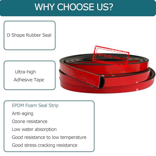 D Shape EPDM Foam Rubber Seal with Tape, Self-Adhesive Rubber Weather Stripping for Boat, Auto, RV, Marine, Garage Doors/Window and More, W:0.75"; H:0.375"; L:26Feet