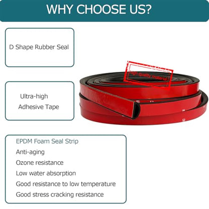 D Shape EPDM Foam Rubber Seal with Tape, Self-Adhesive Rubber Weather Stripping for Boat, Auto, RV, Marine, Garage Doors/Window and More, W:0.75"; H:0.375"; L:26Feet