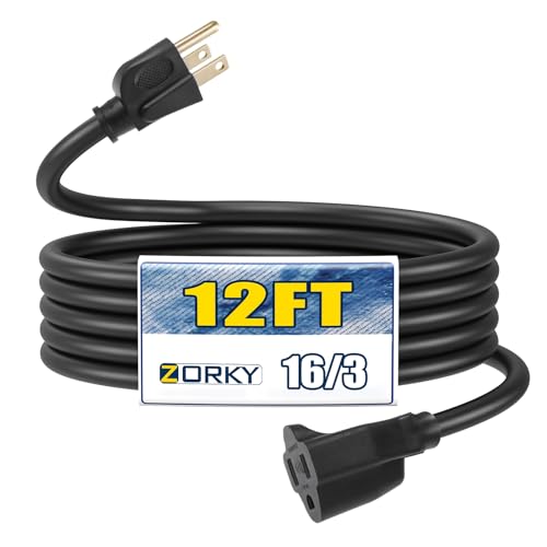 12ft Outdoor Extension Cord - 16/3 Heavy Duty SJTW Waterproof Black Electrical Cable with 3 Prong Grounded Plug for Safety, Great for Lawn and Major Appliances - color: Black, size: 12ft