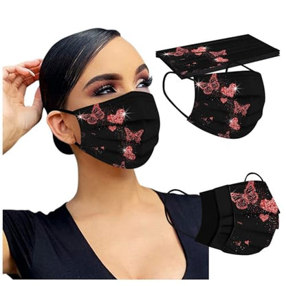 50 PCs Butterfly Disposable Face_Mask for Women,3 Ply Adults Black Butterfly_Mask With Floral Design Fashion Facemask Women Men