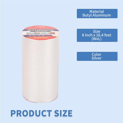 8" W X 16.4'L Waterproof Tape for Leaks Aluminum Butyl Tape with Adhesive for RV Repair, Glass Repairs, Air Mattress Patch, Window Caulking, Boat Sealing, Roof Patching - size: 8in x 16.4ft