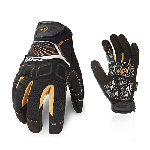 Vgo... Work Gloves Men,Light Duty Mechanic Glove,Touchscreen Compatible,Grain Cowhide Leather - color: 1 Pair - Black Gold, size: Mdeium(Pack of 1)