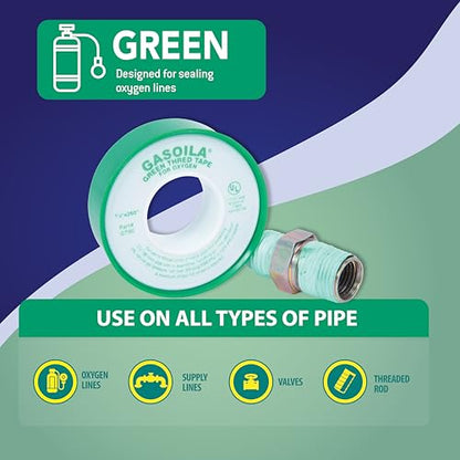 Gasoila Green PTFE Thread Seal Tape – Professional-Grade High-Density Thread Tape for Oxygen Lines – Leak-Proof Seal, Non-Toxic (1/2 Inch x 260 Inch Roll) - size: 1/2 Inch x 260 Inch Roll
