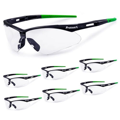 ProtectX Safety Glasses for Men & Women, Safety Sunglasses with Anti-Fog Scratch Resistant Lenses, Non-Slip Grips, ANSI Z87.1 - color: Evergreen Clear 6 Pk