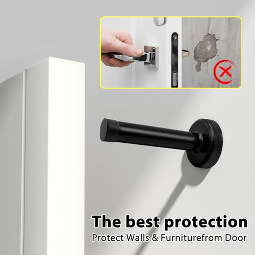 2 Pack Matte Black Door Stoppers, Heavy Duty 304 Stainless Steel No Drill Wall Protector with Adhesive & Screws, Sound Dampening for Home Office Garage