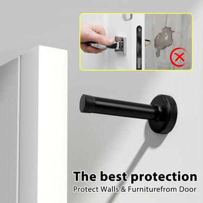 2 Pack Matte Black Door Stoppers, Heavy Duty 304 Stainless Steel No Drill Wall Protector with Adhesive & Screws, Sound Dampening for Home Office Garage