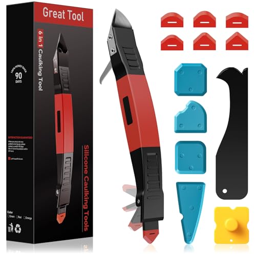 6 in 1 Silicone Caulking Tool Kit with Caulk Grout Remover Tool Sealant Finishing & Smoothing Tool, Grout Scraper, 6 Reusable Pads and Adhesive Residue Scraper for Kitchen Bathroom Tile Sink (Red) - color: Red