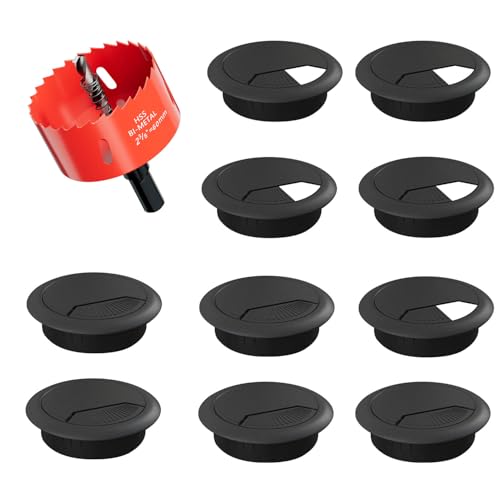 Desk Grommet & Cable Grommet 2-3/8 Inch (10 Pack) - Black Cord Hole Cover with Hole Saw - Cable Management Kit for Office Desk, TV Stand, Workstation - Hide Wires Behind Wall, Cable Pass Through - color: Grommet Black, size: 2-3/8 inch