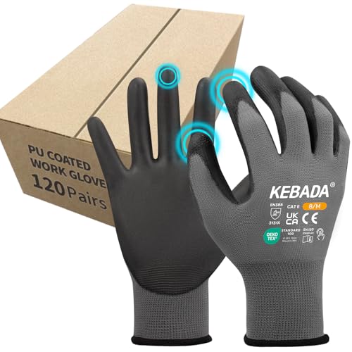 Kebada Safety Work Gloves,120 Pairs Bulk Pack, Touchscreen, PU Coated, Ideal for Warehouse, Construction, Gardening and Mechanics, Grey, X-Small - color: 120 Pairs-light Grey, size: X-Small