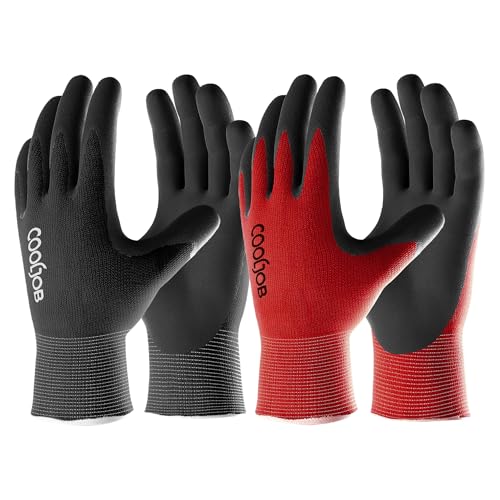 COOLJOB Gardening Gloves for Men, 2 Pairs Breathable Rubber Coated for Garden Weeding Landscaping, Outside Work for Lawn Yard, Men's Medium Size, Black & Red - color: Black & Red (Latex), size: Medium (Pack of 2)
