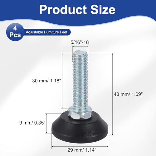 uxcell 5/16"-18 Thread Furniture Feet Levelers, 4Pcs 30mm l Adjustable Furniture Feet Screw in Threaded Leveling Leg Screw on Chair Foot Glides Leveling for Table Chair Cabinet Black - size: 5/16"-18 30mm