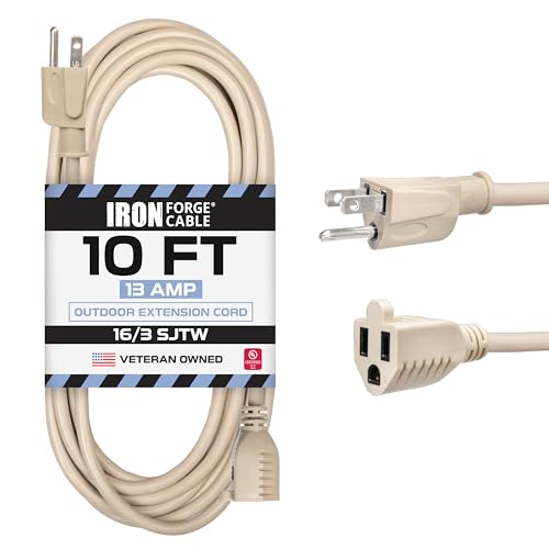 Iron Forge Cable Weatherproof 10 Ft Outdoor Extension Cord - 16/3 SJTW Heavy Duty Light Brown Extension Cord 3 Prong - 13 Amp Exterior Power Cable - color: Beige, size: 10 FT