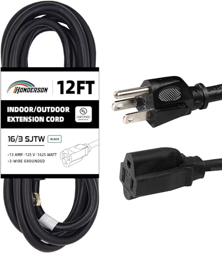 12FT 16/3 Outdoor Extension Cord - 16 Gauge 3 Prong SJTW Black Extension Cord for Christmas Lights with 3 Prong Grounded Plug for Safety, Great for Outdoor Decorations, UL Certified - color: Black, size: 12FT