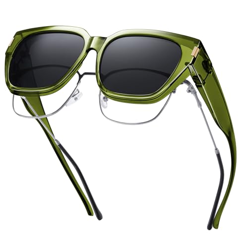 HAOLOTA Polarized Fit Over Glasses Sunglasses for Women Men Trendy Square Wrap Around Shades UV Protection - color: L Size 02 Green/Grey