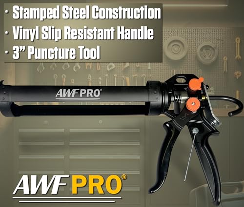 AWF PRO 10 oz Dual Thrust Caulk Gun, 25:1 or 12:1 Thrust Ratio, No Drip, Rotating Barrel, Comfort Grip, with Built-In Puncture Tool - size: 10 oz, style: Pack of 1