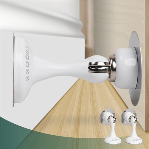 Magnetic Door Stoppers 2 Pack,Stainless Steel Door Stops for Wall and Floor Mounting. Door Holder Keep Door Open,No Drilling Door Stop with Adhesive Tapes,White - color: White