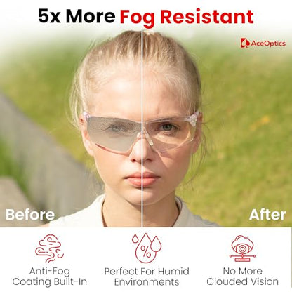 Safety Glasses – ANSI Z87 Certified, 5X Anti-Fog ClearShield™ Lenses with Premium Hard Case & Accessory Bundle - color: Pink & White / Clear