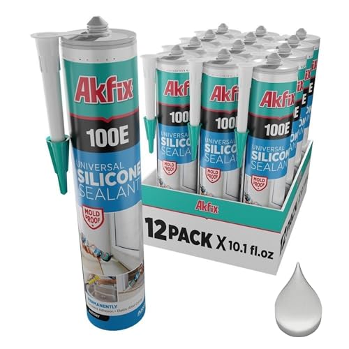 Akfix 100E RTV Translucent Silicone Caulk (12x10.1 fl.oz.)- 100% Waterproof Silicone Sealant for Kitchen and Bathroom, Shower, Bathtub, Toilet, Sink, Window & Door, No Discoloring |Translucent 12 Pack - color: Translucent, size: 12 Pack