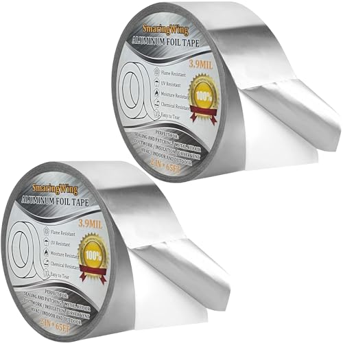 2PCS Premium Aluminum Foil Tape, Silver Metal Duct Tapes (2" x65Feet,3.9mil) with Adhesive Backing, High Temperature Heavy Duty Insulation Tape for Air Ductwork, Dryer Vents, HVAC, Sealing & Patching - size: 2-Pack